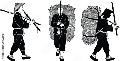 Traditional, rural, East Asian, farmers, carrying, straw, basket, flute