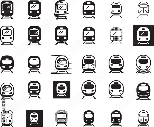 Modern electric railway transport icon collection graphic set express train vector symbol design concept group.