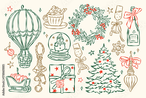 Christmas ornament doodles collection. Art for greeting cards, holiday invitations, poster design, postcards, branding, logo design, background.	