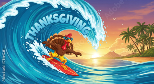 Fototapeta Naklejka Na Ścianę i Meble -  Cartoon turkey surfing a blue wave under Thanksgiving text, symbolizing holiday fun, vacation, and tropical weather during November celebration