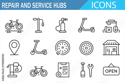 Modern vector line icons of workshop, tools, and maintenance equipment