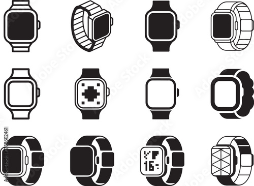 Set of black and white square smart watch icons isolated on transparent background vector illustration