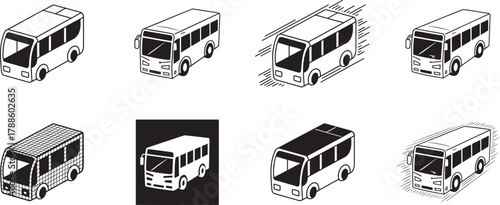 Set of isometric public transit bus vector illustrations with various styles on transparent background