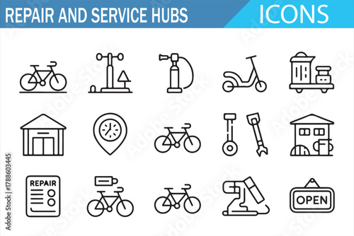 Collection of mechanical service and repair station outline symbols