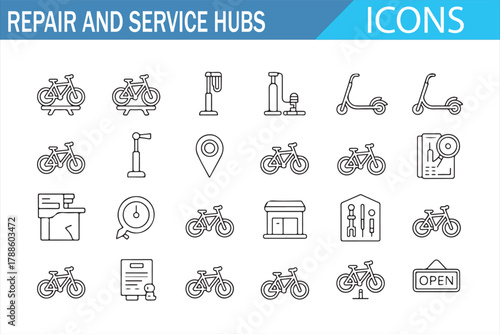 Vector set of repair and service icons including tools, bikes, and garages