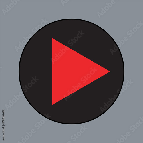 Red play button icon in black circle on simple grey background