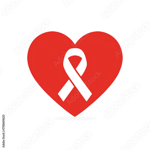 This image shows a white awareness ribbon, specifically the Red Ribbon symbol, placed centrally inside a bold red heart. This powerful combination symbolizes love, compassion, and unwavering support 