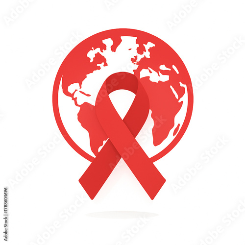 This image features the universal Red Ribbon prominently placed over a red silhouette of the globe. The Red Ribbon is the globally recognized symbol for solidarity and awareness in the fight against 