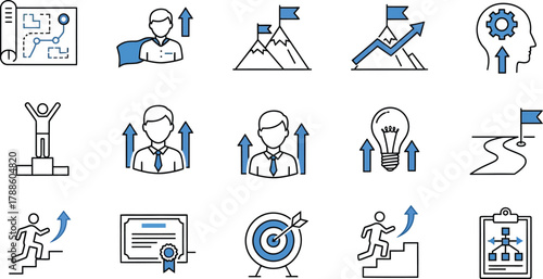 Growth Concept Icons Set Success, Achievement, Leadership, Climbing Steps, and Target