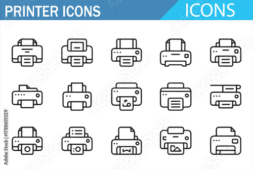 Office equipment icons collection including printer and scanner symbols