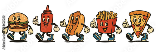 Retro fast food character mascots, vintage cartoon burger pizza fries illustration set