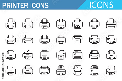 Line icons of printers and printing devices for office and technology design