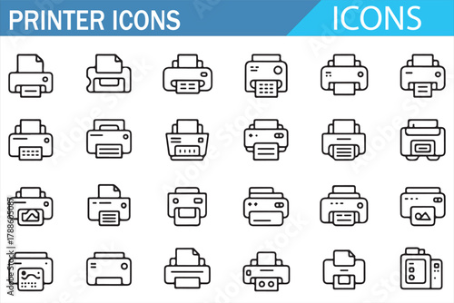 Set of printer and printing device line icons. Includes laser, inkjet, scanner, photo printer, and multifunction symbols. Perfect for office, technology, business, and document management design proje
