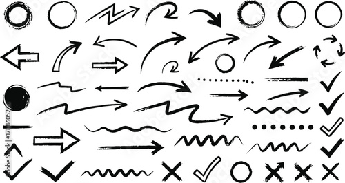 Grunge Arrows and Shapes Collection in Black Ink with Transparent Background