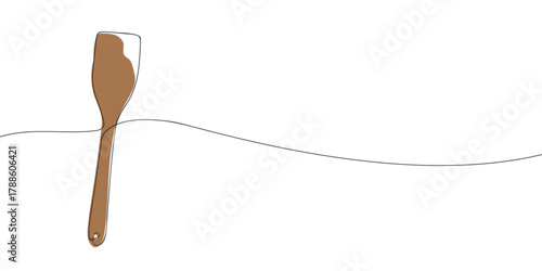 Continuous one line drawing of a wooden spatula. Minimal kitchen utensil vector illustration isolated on white background. Cooking and kitchenware concept with copy space