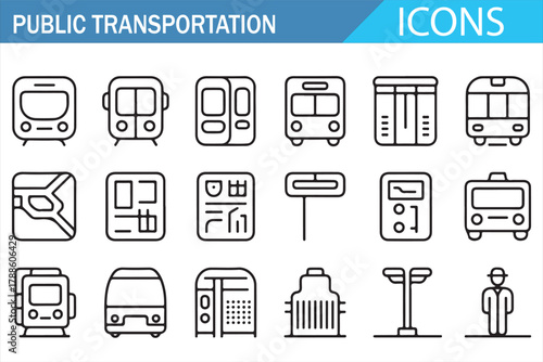 Outline icons of urban commuting, ticketing, and station signage