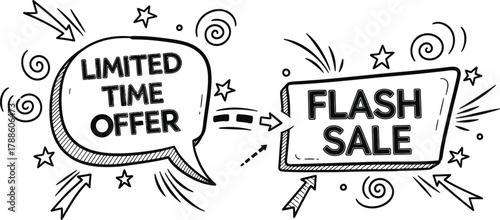 Doodle sketch of Limited Time Offer and Flash Sale  speech bubbles and banners, dynamic vector style