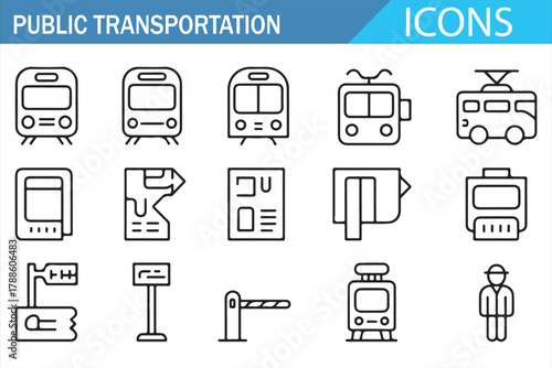 Public transport outline symbols of trains, buses, and stations