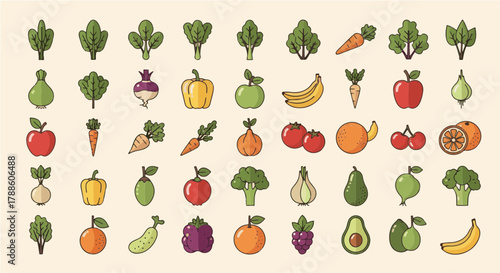 Collection of fresh fruits and vegetables in a flat design style