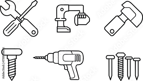 Tool icons, wrench, screwdriver, drill press, pipe wrench, fasteners, hardware components, construction tools, vector set illustration