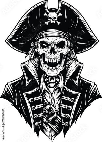 Dark pirate skeleton illustration with captain hat, skull and crossbones, vintage coat, and eerie grin — gothic nautical artwork.