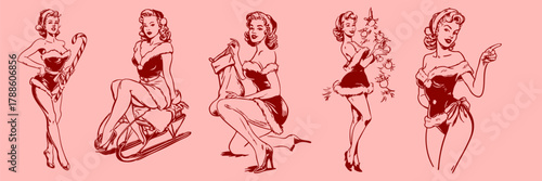 Hand drawn style retro pin-up Christmas models wearing Santa outfits