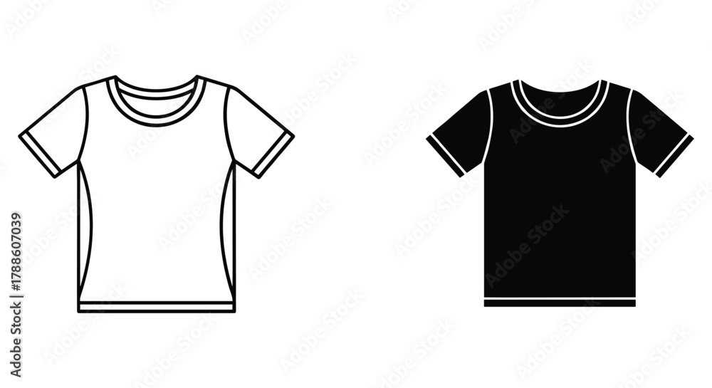 Naklejka premium Simple black and outline t-shirt vector icons, basic clothing graphic design elements, apparel symbol set isolated.