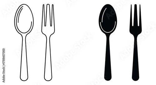 Outline and solid black spoon and fork icons set, simple cutlery graphic elements for kitchenware design and restaurant branding