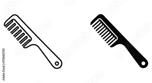 Hair comb outline and solid silhouette icon set for grooming, styling, barbershop, salon, and personal care.