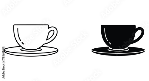 Coffee tea cup and saucer icon set, outline and solid filled vector illustration, beverage drink symbol for ui design.