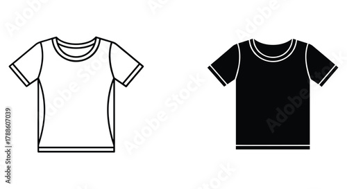 Simple black and outline t-shirt vector icons, basic clothing graphic design elements, apparel symbol set isolated.