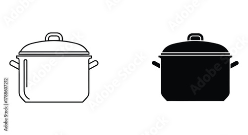 Cooking pot vector icon with outline and solid black fill, kitchen utensil for boiling and stewing food.