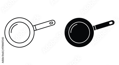 Frying pan icon vector set, outline and solid black skillet symbols, kitchen utensil for preparing delicious food.