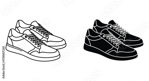 Sneaker shoes outline and solid black silhouette icon set, minimalist footwear design vector graphic illustration