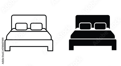 Minimalist bed icon set showing a double bed with two pillows and headboard in both outline and filled vector style.