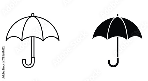 Outline and filled umbrella icons representing rain protection, weather, and safety from elements in vector illustration.