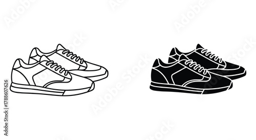 Sneakers outline and solid icon set. casual sports shoes graphic illustration for active lifestyle design.