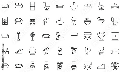 A versatile thin line icon set of household furniture, interior objects, and home appliances, vector symbols for modern design projects