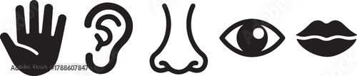 Five Human Senses Icons Black and White Minimalist Vector Illustration
