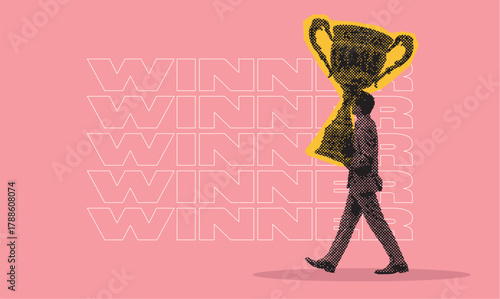 Business winner concept illustration of man holding trophy in modern graphic design style