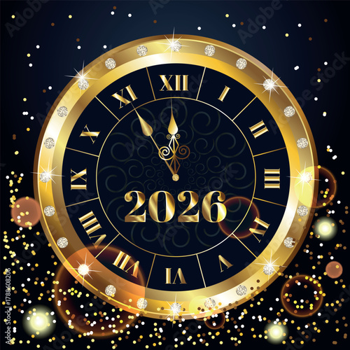 Luxury golden clock showing midnight and year 2026. Festive New Year countdown with sparkling lights, bokeh and glitter on dark background. Perfect for holiday and celebration designs