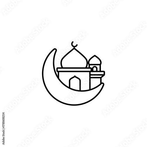 Dark mosque silhouette on colorful red and violet sunset sky and clouds background, vector banner illustration