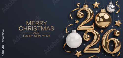 Happy new year 2026. Festive design with Christmas decorations, balls, streamers and garlands

