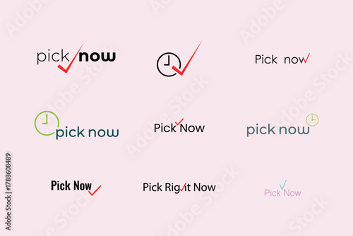 Pick now checkmark clock logos text wordmark