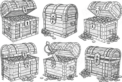 Epic Treasure Chests Overflowing with Coins and Relics – Pirate Loot, Fantasy Riches, Sword-Stuffed Vaults in Vintage Sketch Style
