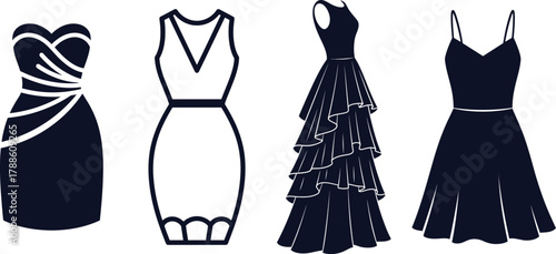 Assortment of Dark Blue Dress Silhouettes with Various Styles on White Background fashion clothing