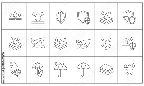 Collection of waterproof icons and symbols representing protection, durability, and resistance to elements like water and rain, ideal for product labeling and safety instructions