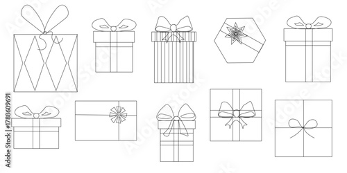 Minimal linear vector set of gift box icons with bows and ribbons. Perfect for Christmas and birthday cards, web design, stickers, packaging, laser cutting, engraving, and festive illustrations.	
