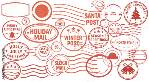 Christmas North Pole postmark and Santa mail rubber stamp set — festive holiday postal collection