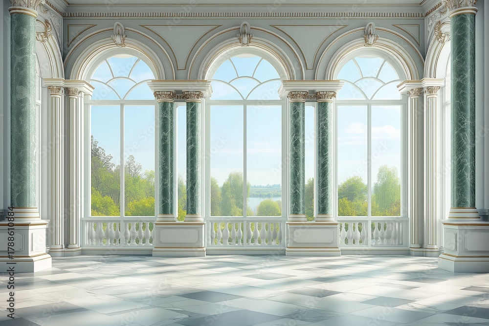 Obraz premium Grand hall with large windows in palace or castle, surrounded by lush greenery